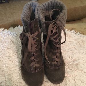 Gianni Bini Lace Up Suede Platform Heel Bootie